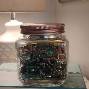 Glass Storage Jar with Brown Lid Loaded With Lots Of Jewelry Some Vintage